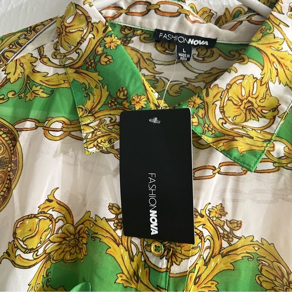 NWT Fashion Nova Crunching The Numbers Printed Shirt - Green/combo Size L - Picture 15 of 15